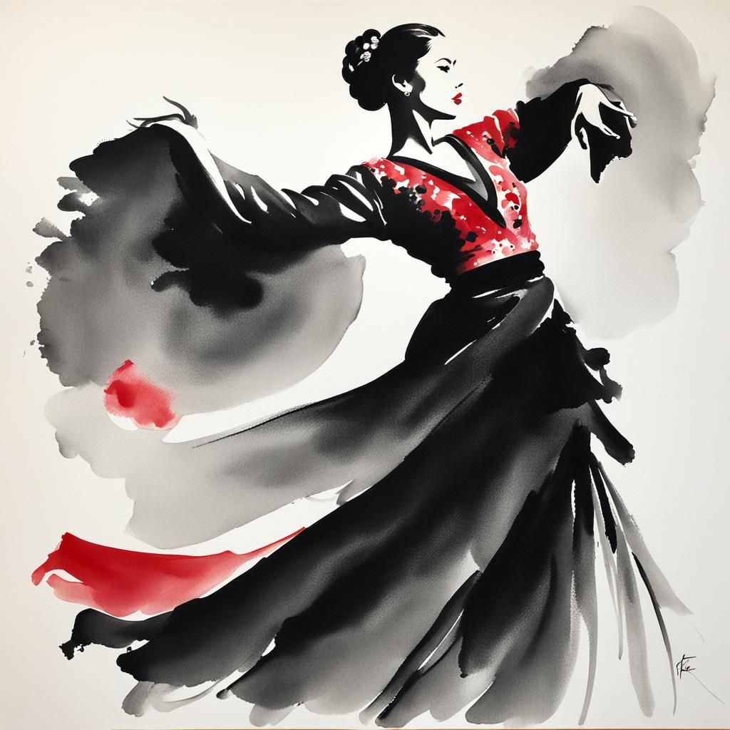 Flamenco Dancer in Sumi-e Ink Style