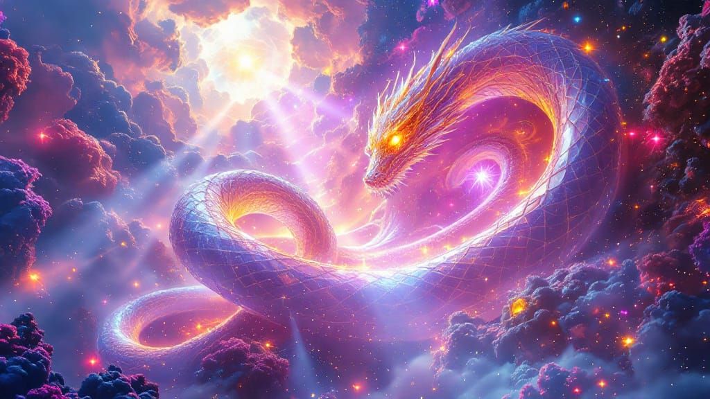 Luminous Serpent Coils Around Golden Cathedral