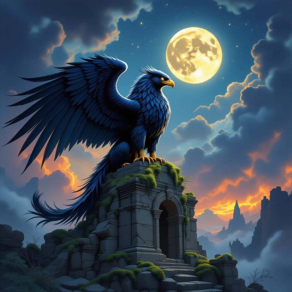 Majestic Griffin on Ancient Ruins Under Twin Moons