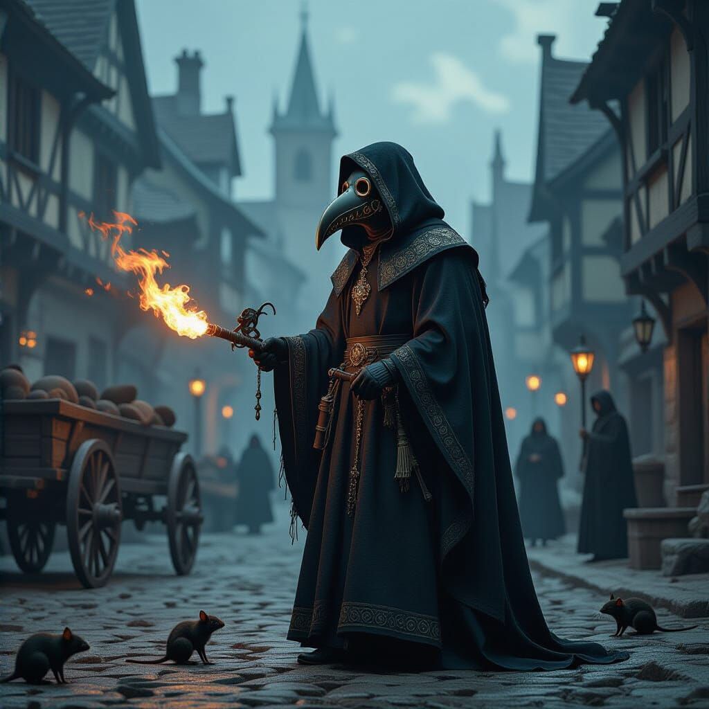 Plague Doctor Dragon Flamethrower in Medieval City