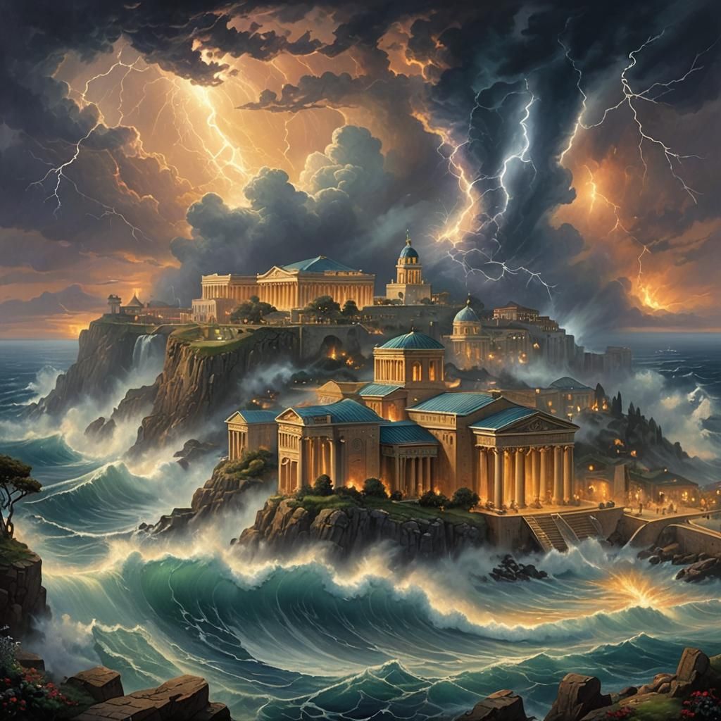 Atlantis Destruction: Tidal Waves and Burning Buildings