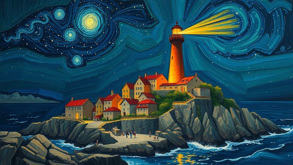 Ethereal Village Twilight with Majestic Lighthouse
