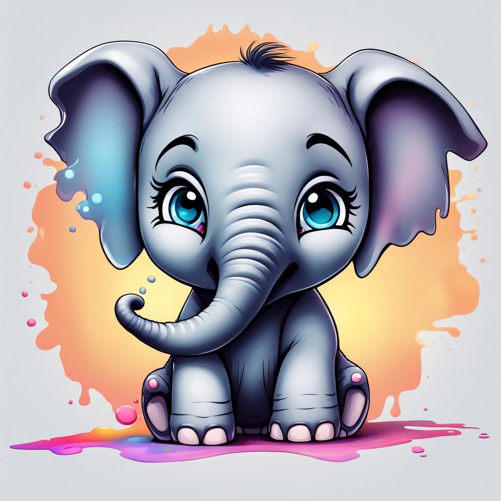 Chibi Cute Baby Elephant in Splash Art Style
