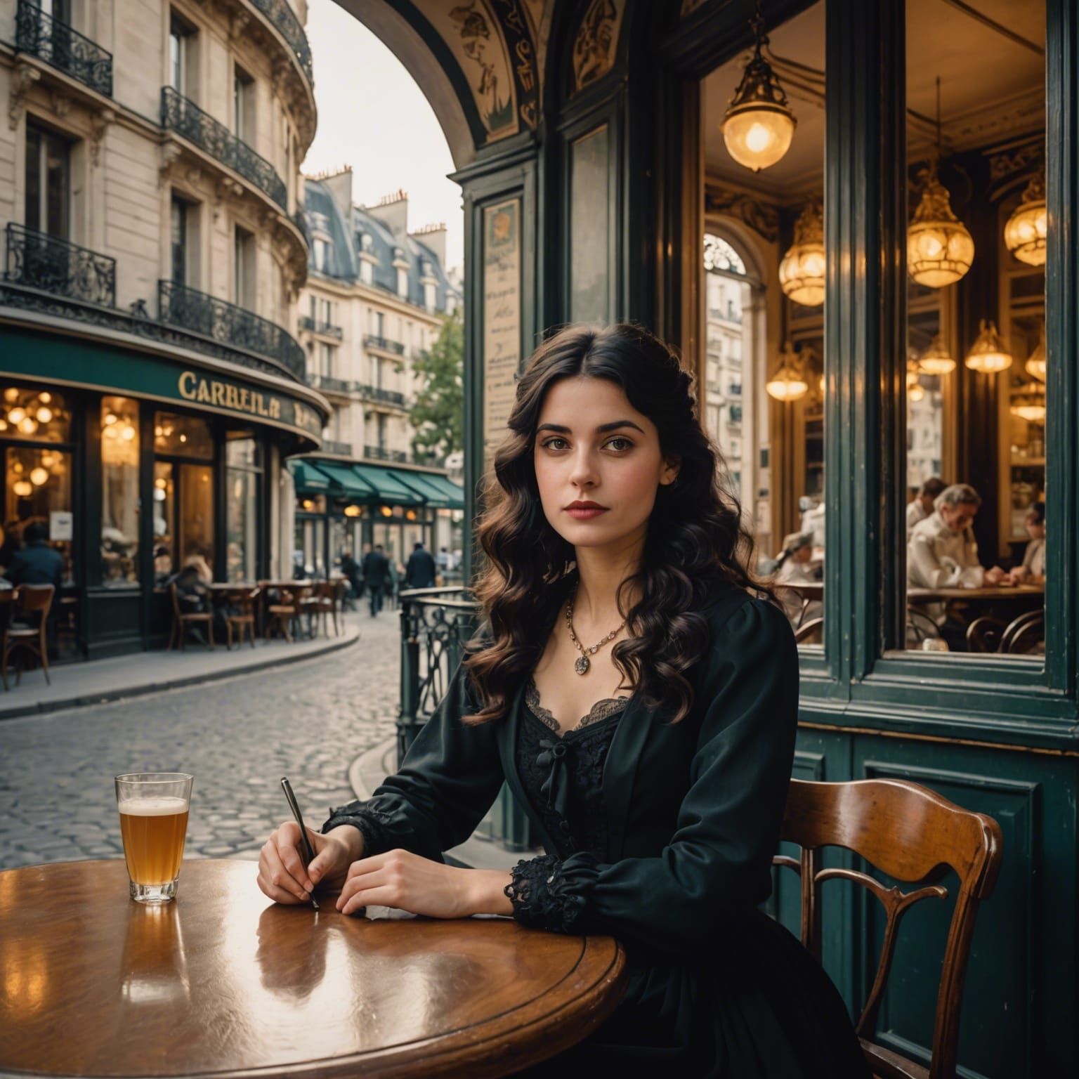 Belle Époque Lady in Parisian Cafe at Sunrise