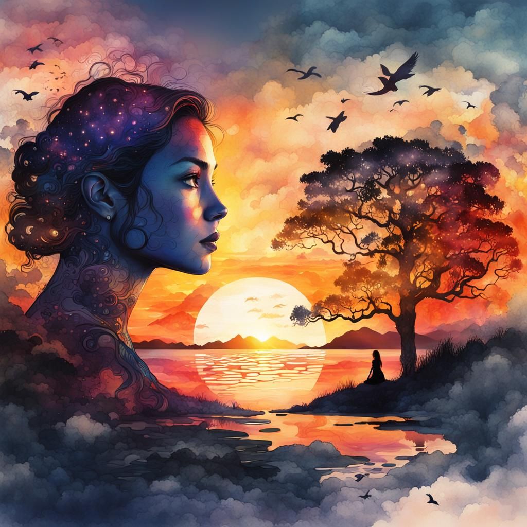 Woman Gazing at Sunset: Esoteric Watercolor Illustration