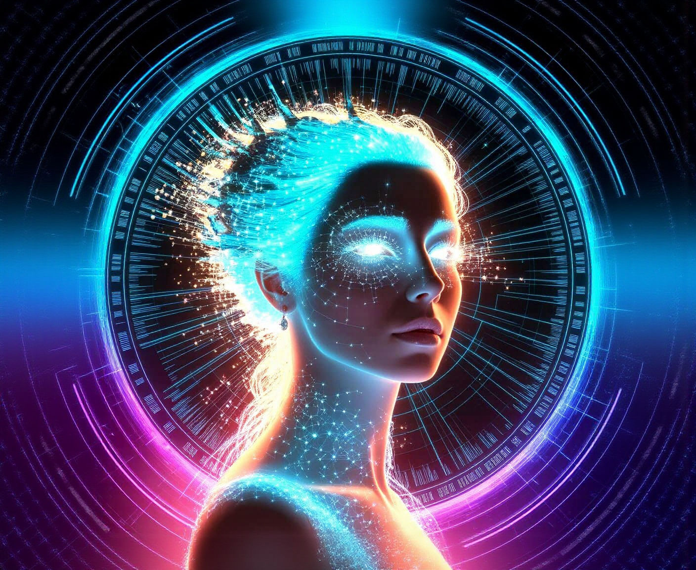 Bioluminescent Woman with Digital Glitch Art