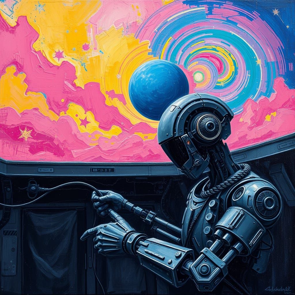 Expressionist Robot Fixing Cables in Biometric Chamber