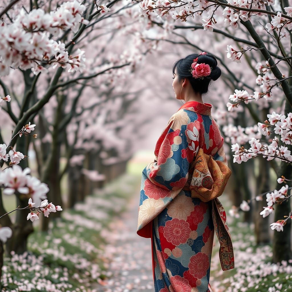 Japanese Woman in Cherry Blossom Grove, Art Nouveau