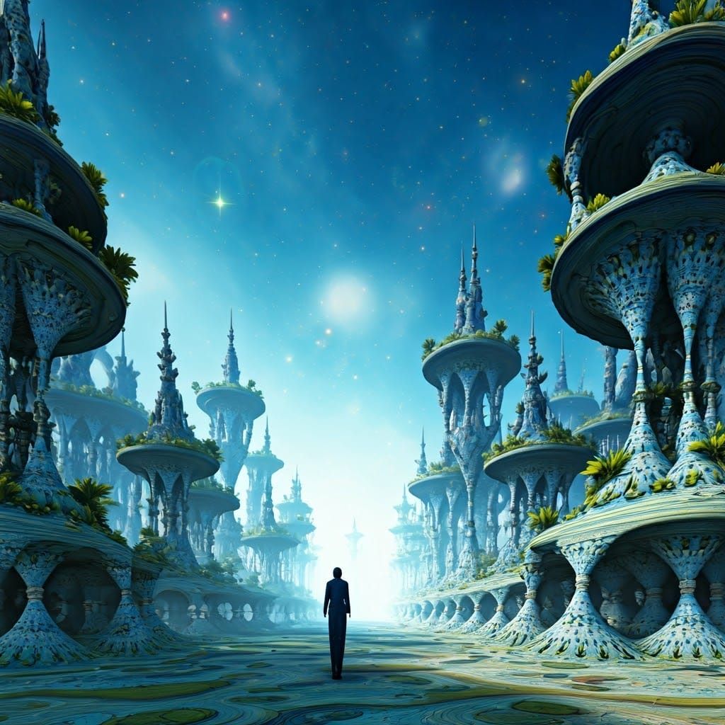 Blue Dreamscape: Mystical Figure in Fractal World