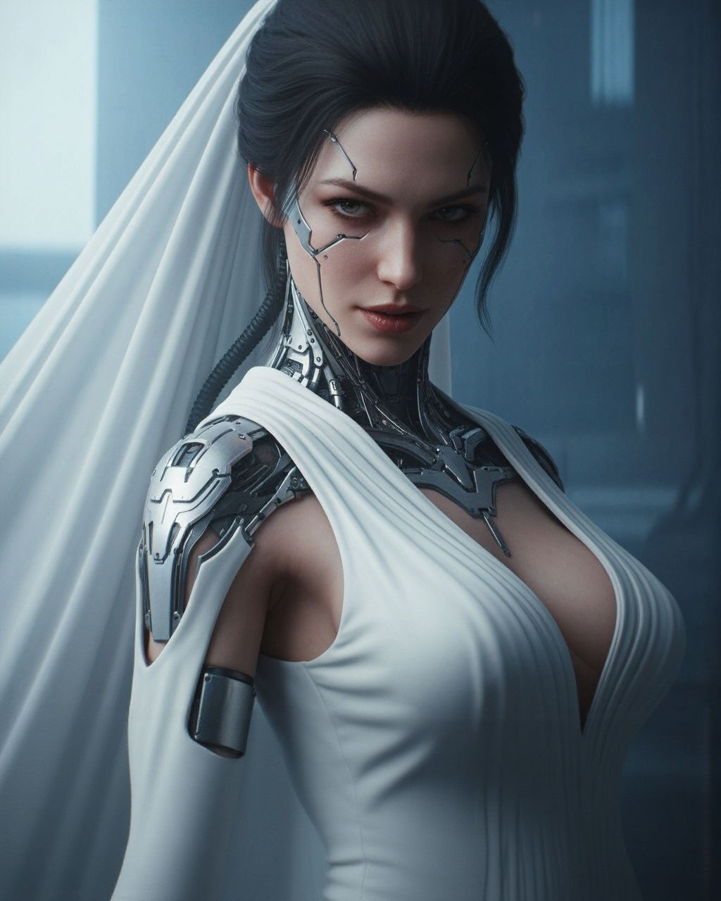 Cyborg Goddess in Futuristic Temple: A Digital Painting