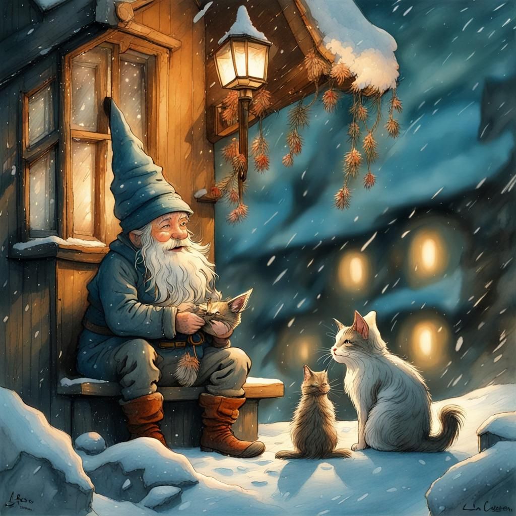 Gnome Petting Cat on Snowy Christmas Evening