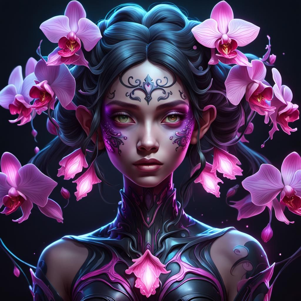 Bioluminescent Orchid Fae Portrait in Art Nouveau Style
