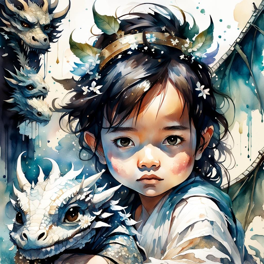 Chibi Chinese Boy with Dragon Watercolor Portrait