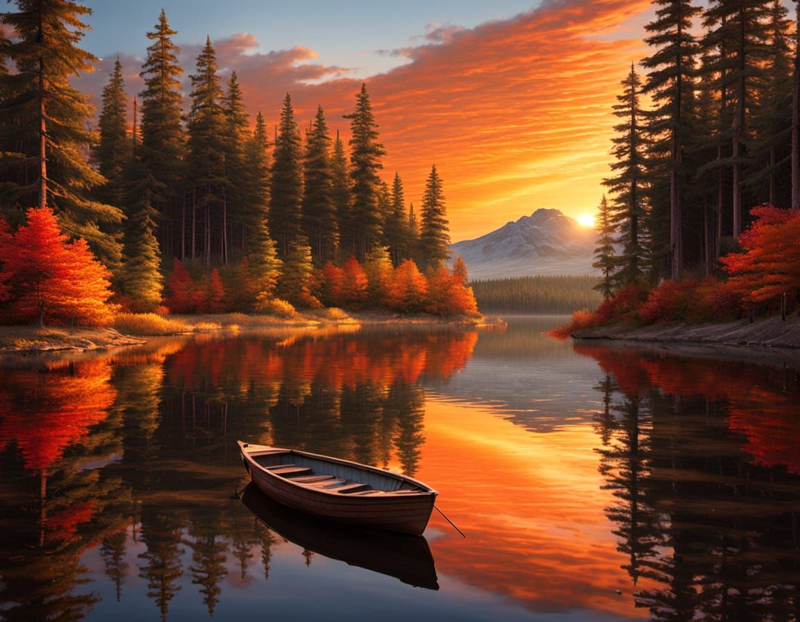 Serene Forest Lake Sunrise With Rustic Cabin