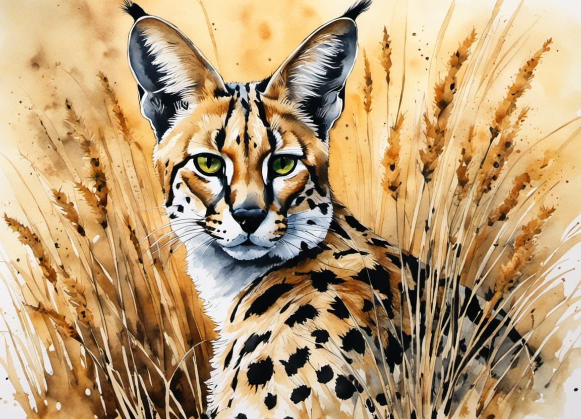 African Serval Cat in Watercolor