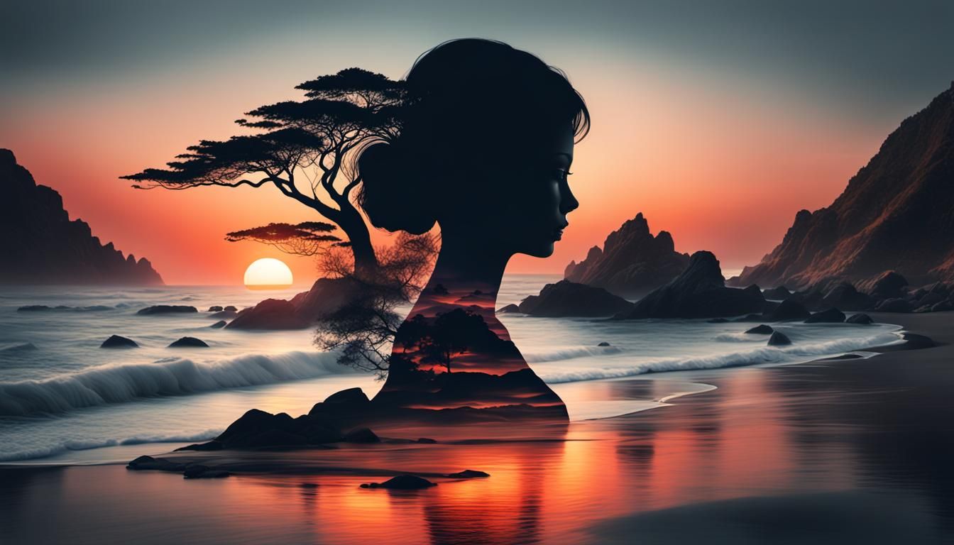 Goddess Silhouette Merged with Sunset Coast in Double Exposu...