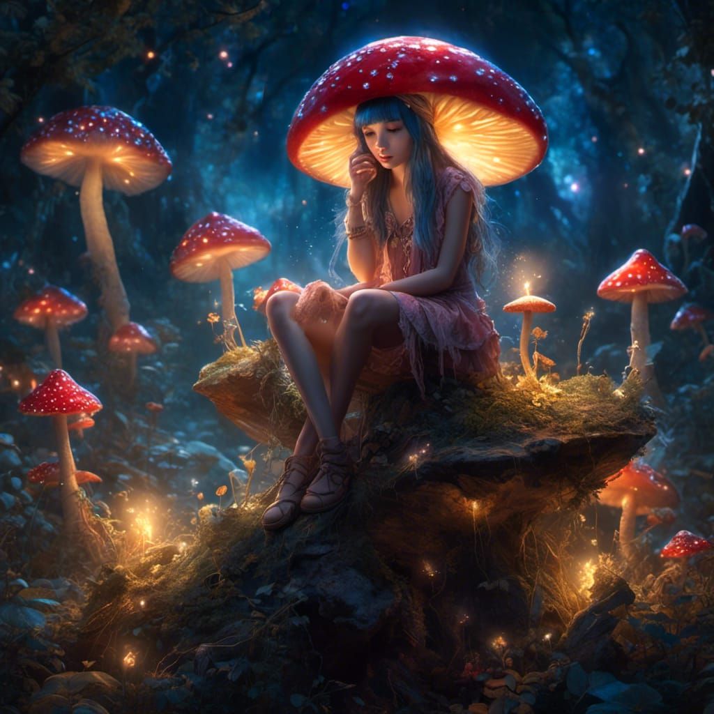 Crying Fairy on Glowing Toadstool in Hyperreal Style