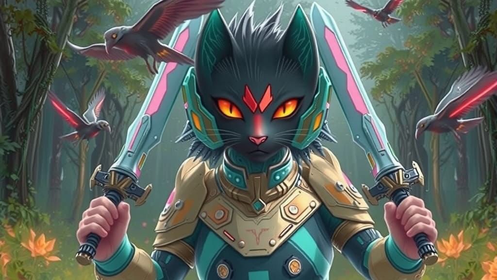 Cybernetic Cat Warrior in Futuristic Forest