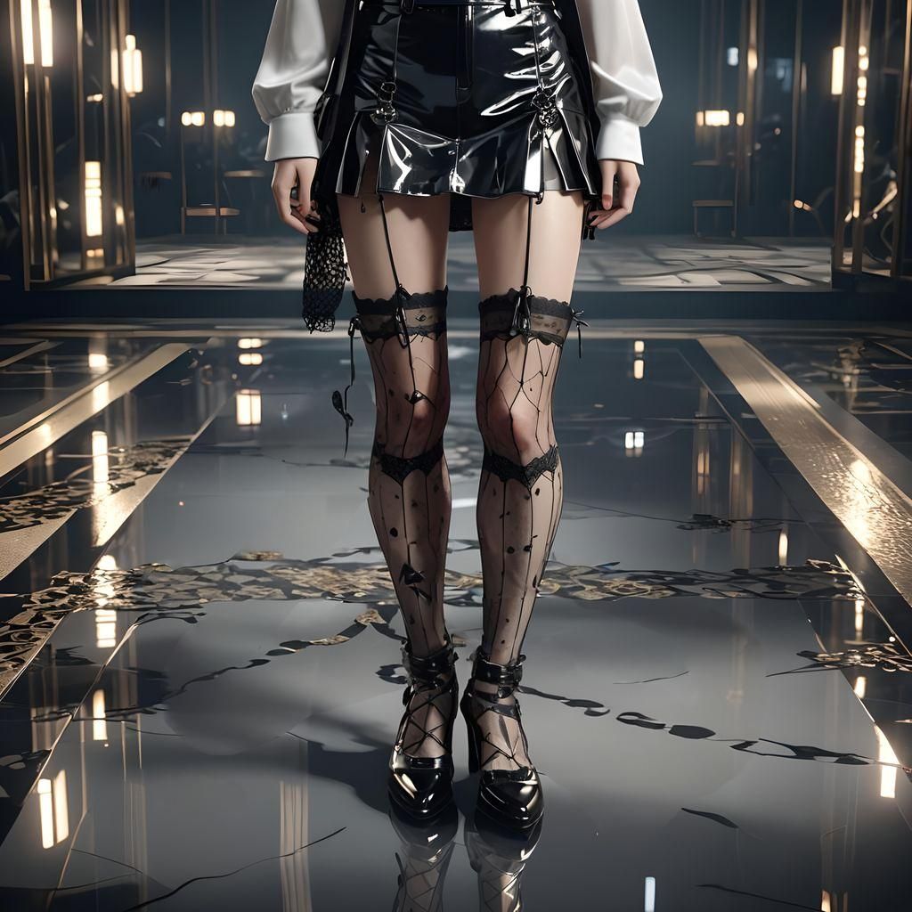 Porcelain Legs in Fishnets on Mirrored Floor