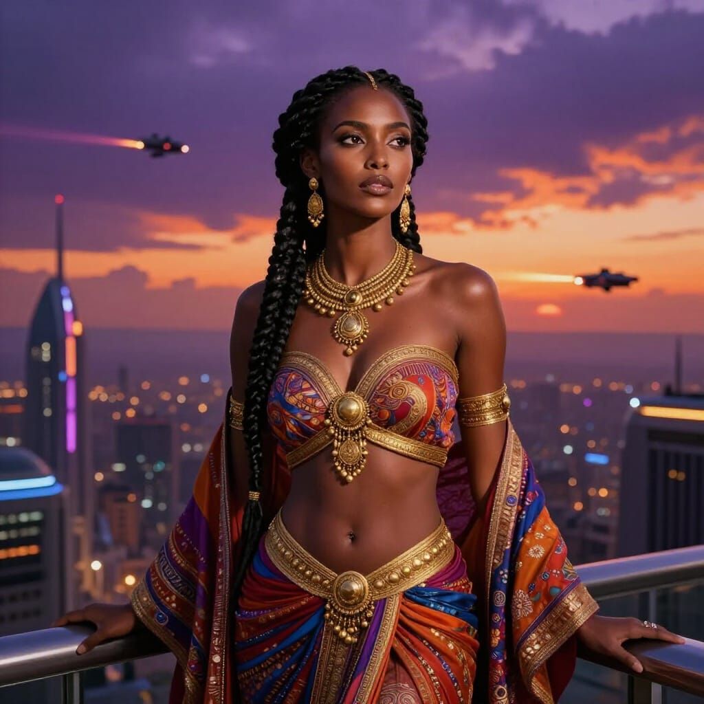 Ethiopian Queen Overlooks Futuristic Cityscape at Dusk