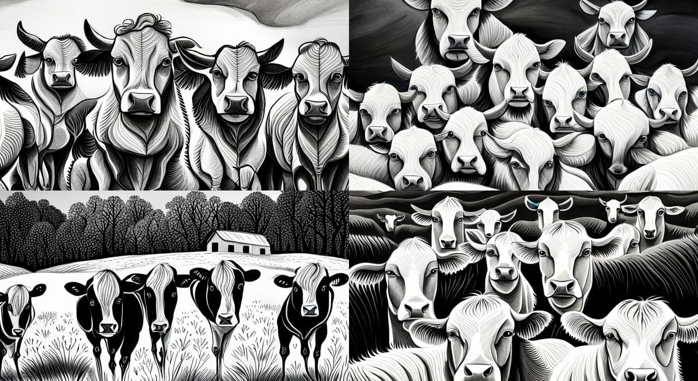 Fluffy Cows in Black and White Ink Drawing