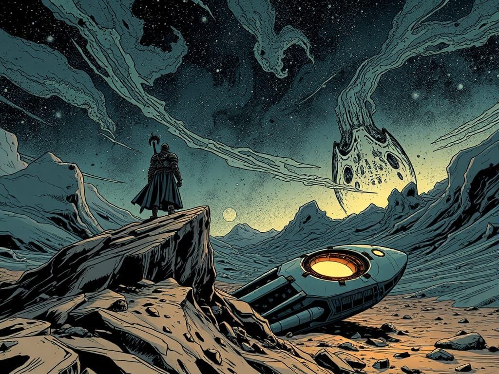 Knight Gazes at Starry Sky Above Alien Shipwreck