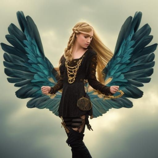 Steampunk Angel with Golden Hair and Bird Wings