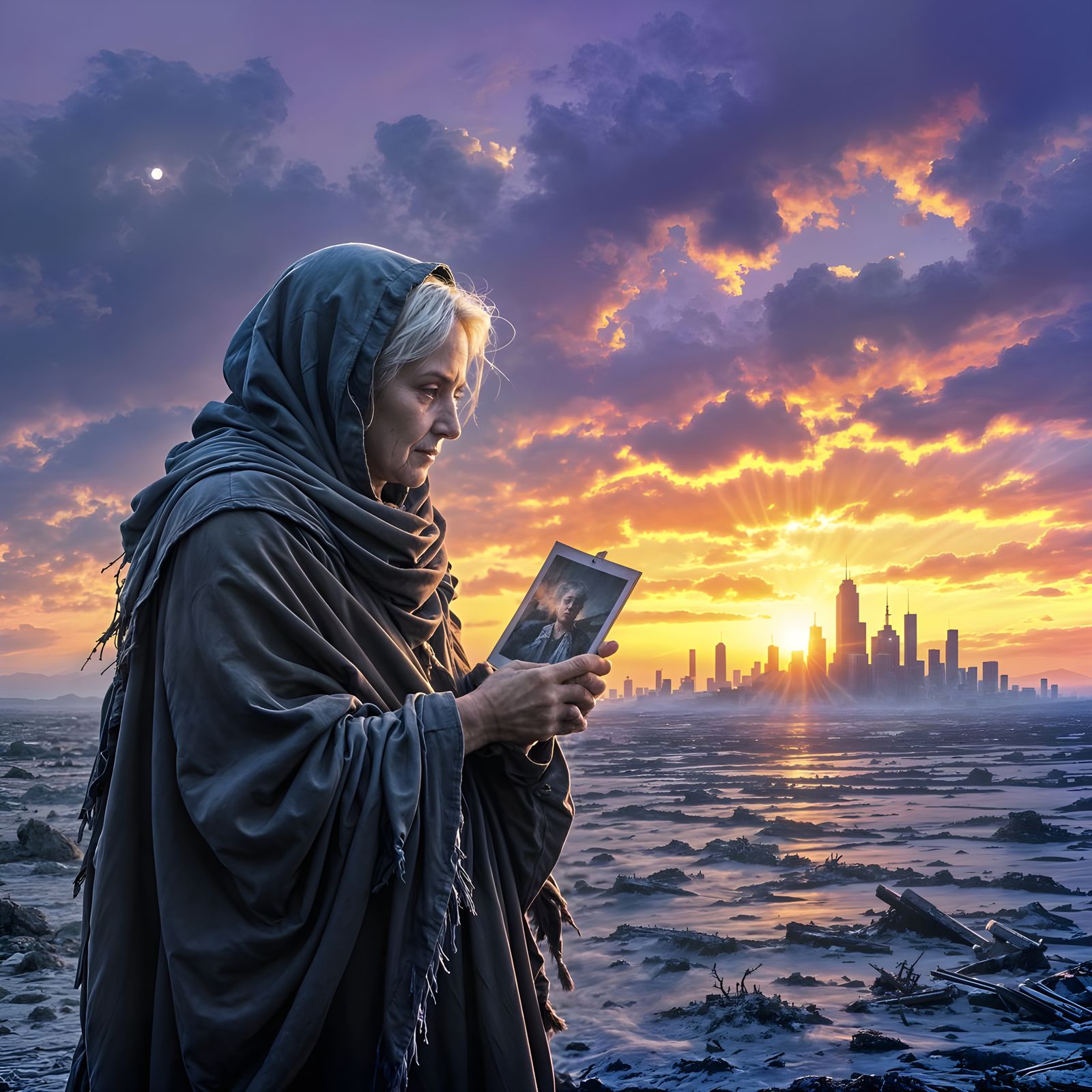 Elder Woman in Post-Apocalyptic Landscape