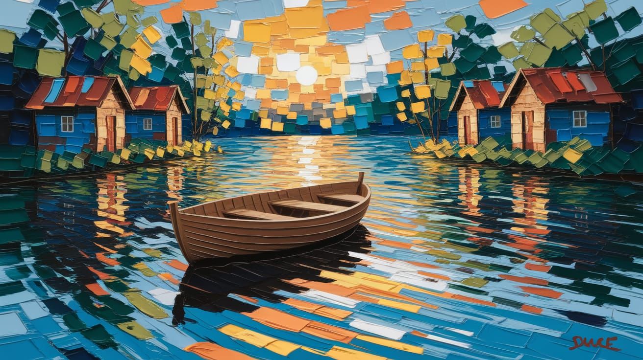 Impressionist Sunset Lake Scene with Gentle Boat