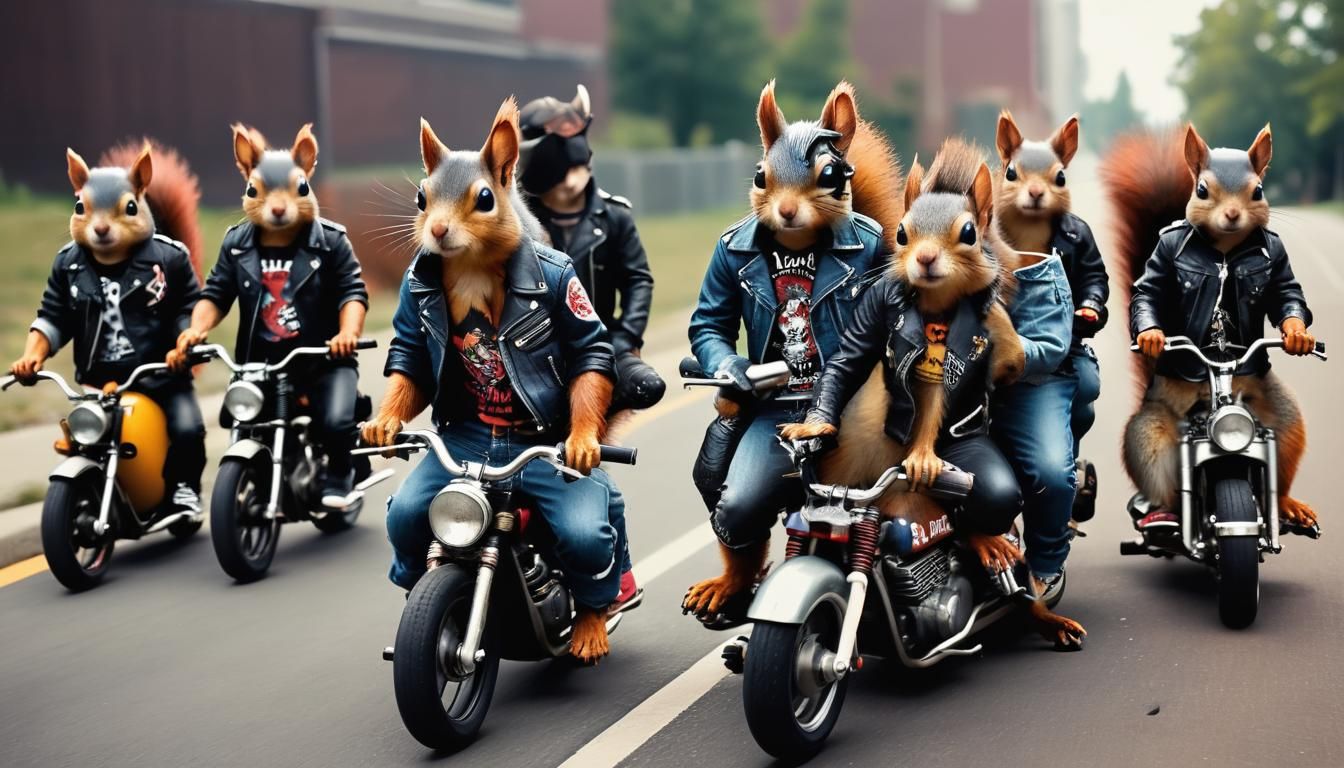 Punk Squirrel Gang Rides Motorcycles and Skateboards