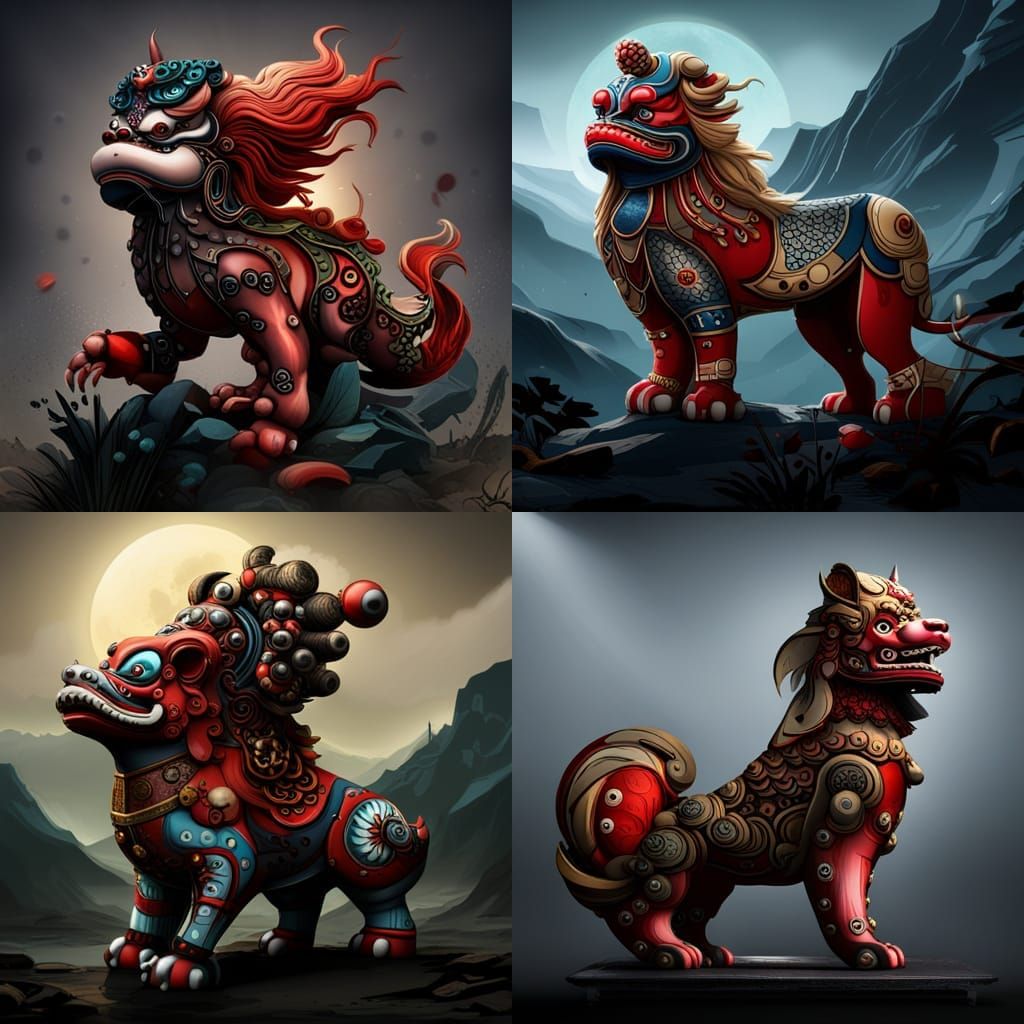 Oriental Foo Dog Graphic Design in Trash Polka Style