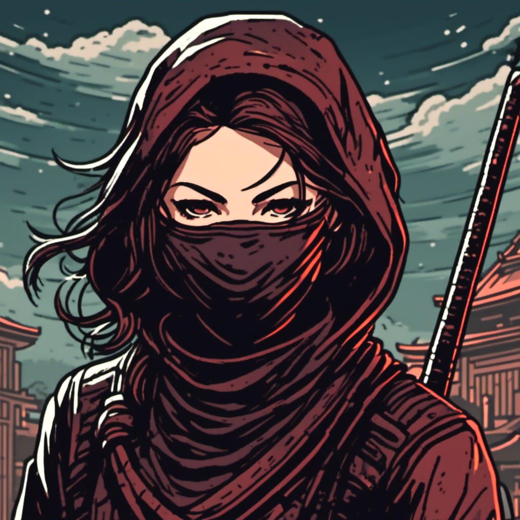 Female Ninja Portrait in Vector Line Art