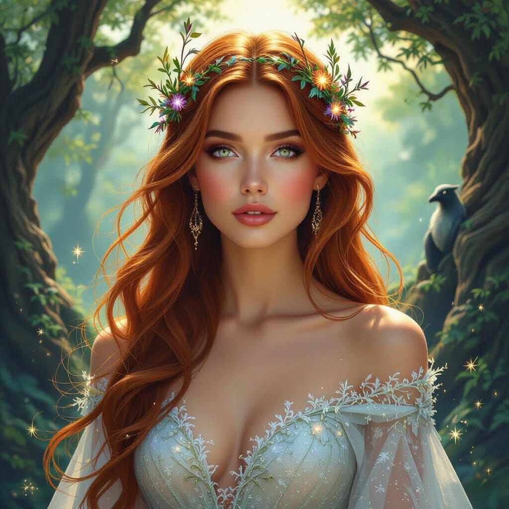 Ethereal Woman with Crown of Flowers, Hyperrealistic Style