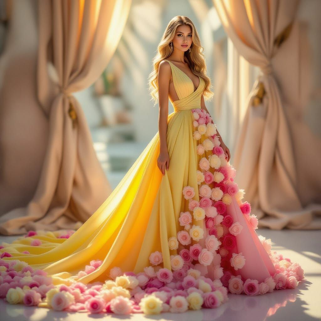 Elegant Woman in Evolving Neon Yellow to Pink Rose Dress