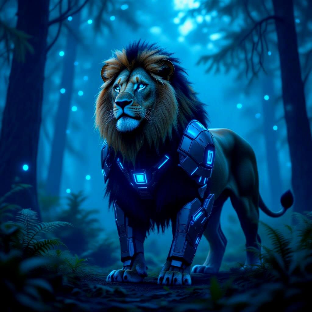 Cyberpunk Lion in Forest with Blue Lights