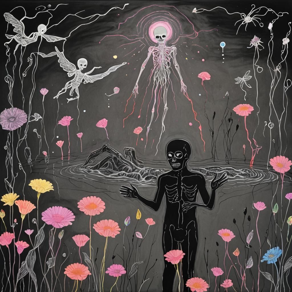 Kids Crayon drawing of the underworld ,surreal (child's drawing )of the under world, Death, the River Styx , with dead...