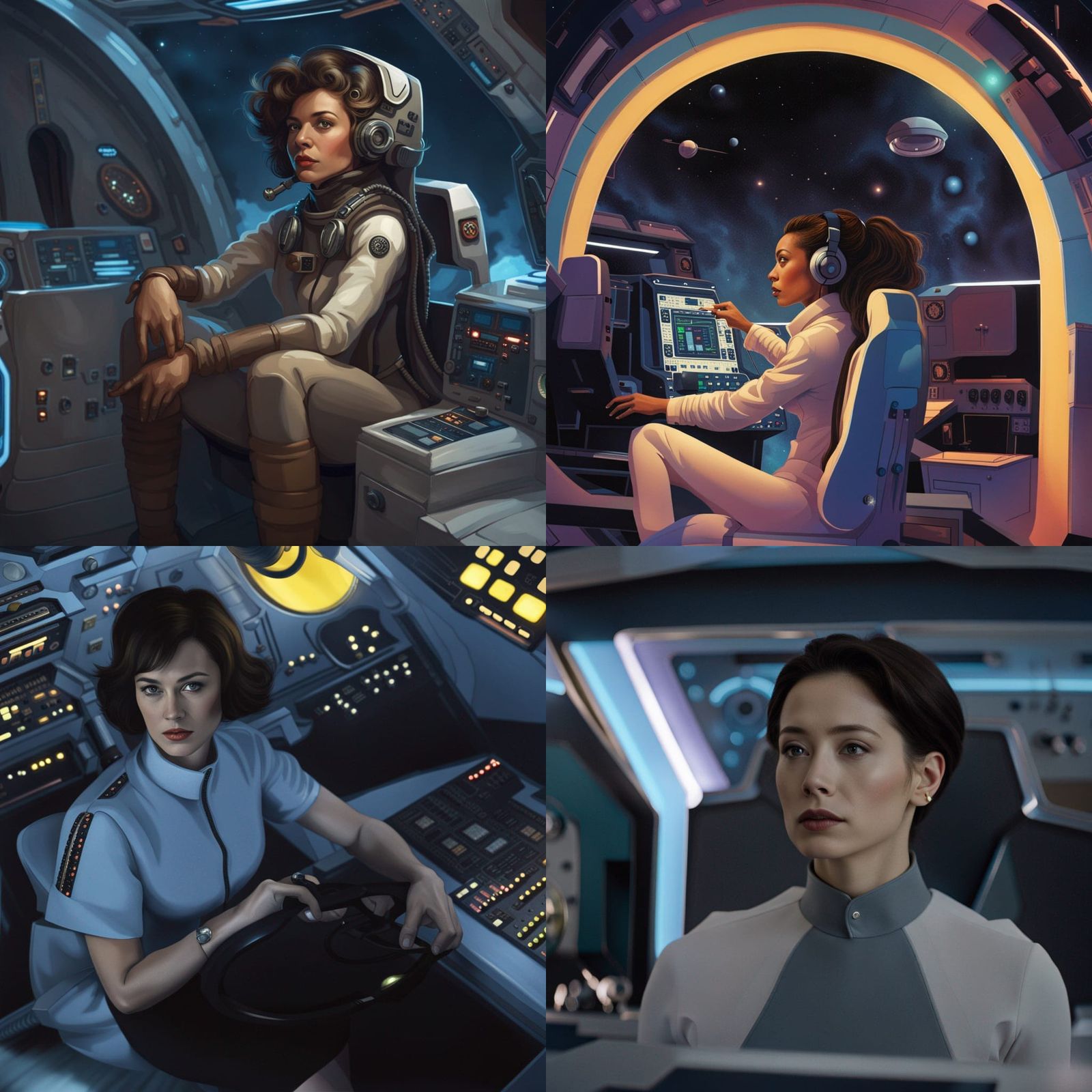 Woman Piloting Spaceship on Cosmic Voyage