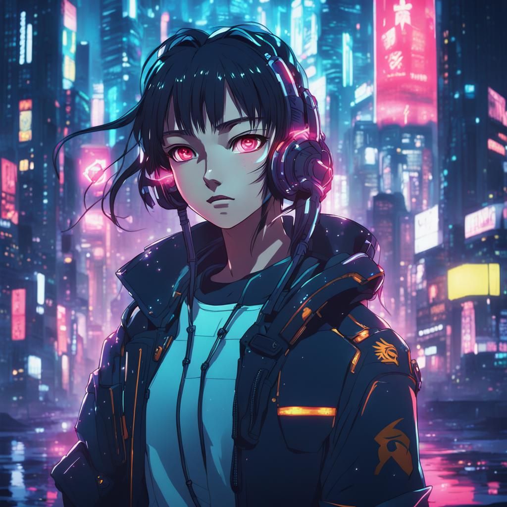 Gorgeous Cyberpunk Anime Girl with Glowing Eyes