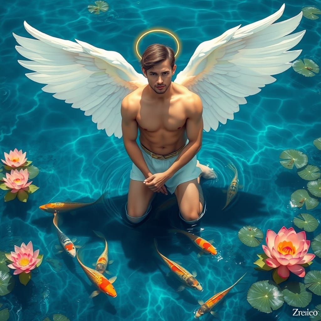 Celestial Male with Wings Kneeling in Lotus Water