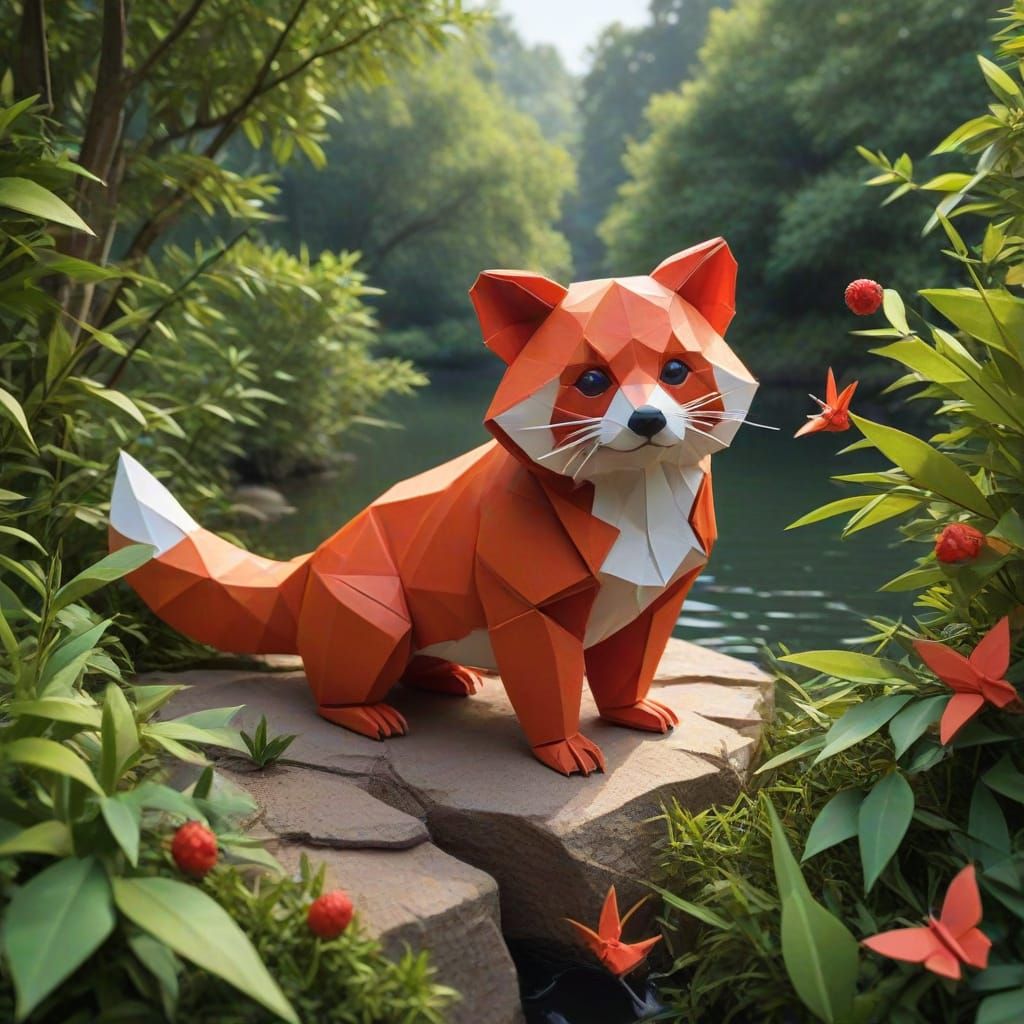 Origami Red Panda by Lake in Warm Sunlight