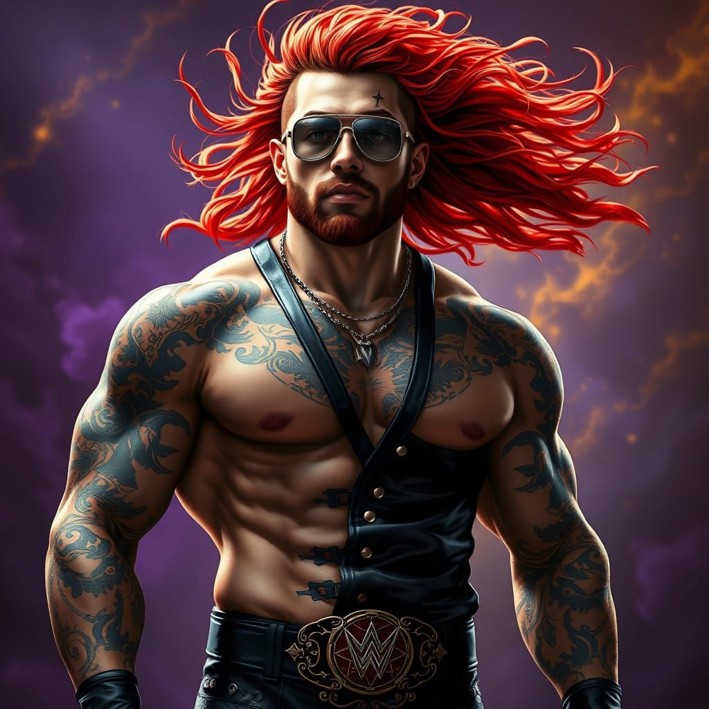 Powerful Wrestler in Art Nouveau-Inspired Black Leather