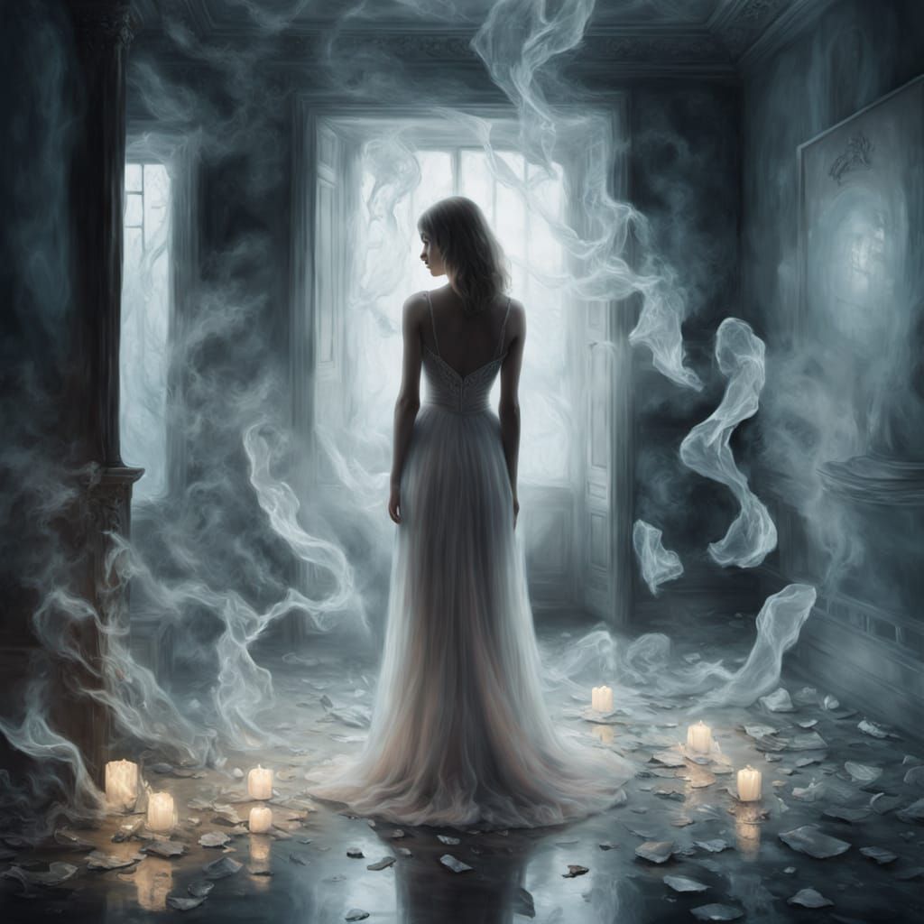 Woman's Ethereal Glow in Shattered Room, Dreamlike Oil Paint...