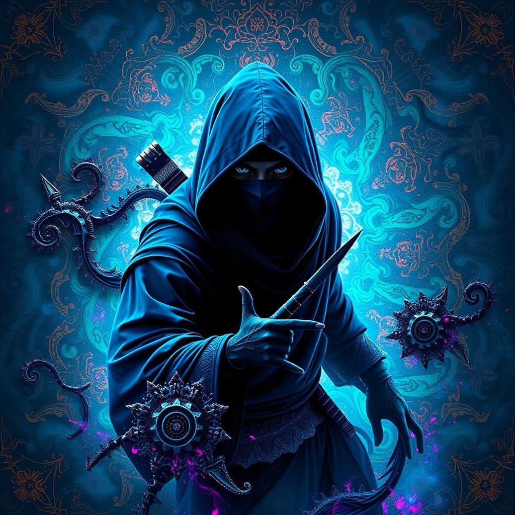 Ninja Emerging from Fractal Whirlpools in Vibrant High-Fanta...