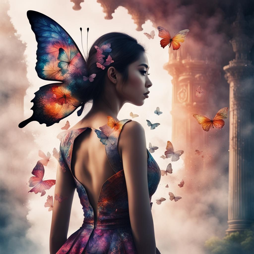 Thai Woman Butterfly Dress Watercolor Double Exposure