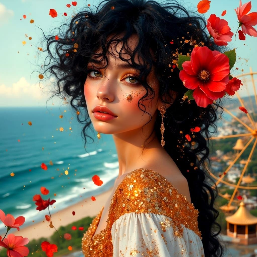 Surreal Woman Rides Ferris Wheel Above Ocean and Cottages in...