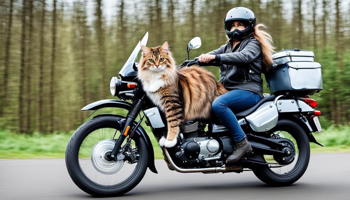 Siberian Forest Cat Rides a Motorcycle