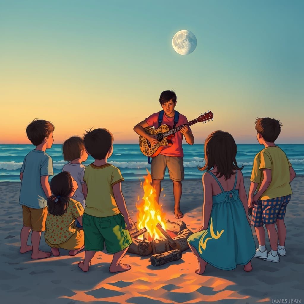 Children Gathered Round Campfire on Beach at Sunset