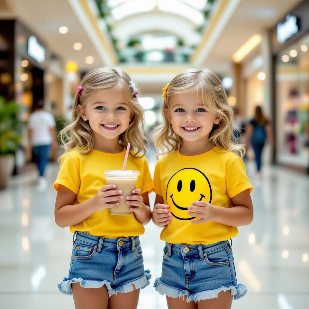 Happy Twins Shopping in a Vibrant Mall