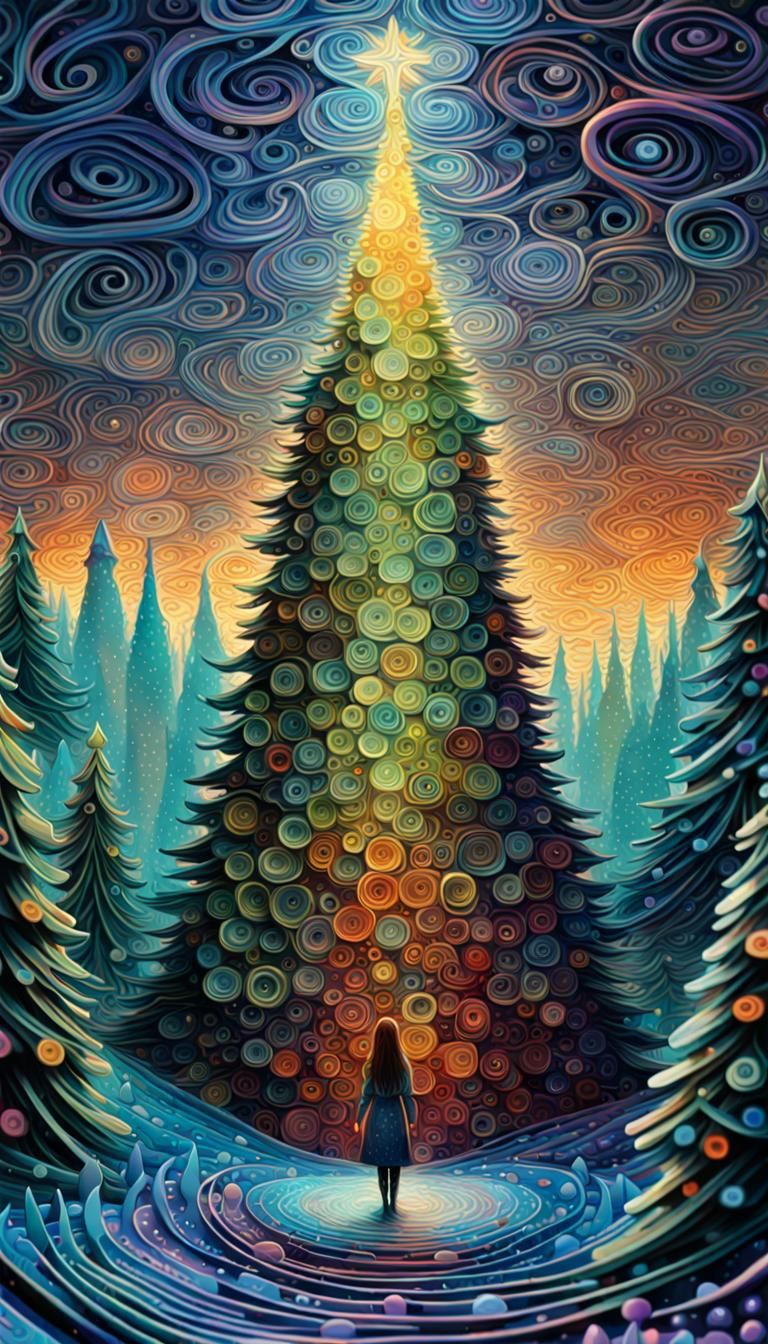 Winter Doll in Bioluminescent Forest, Iridescent Ink Art