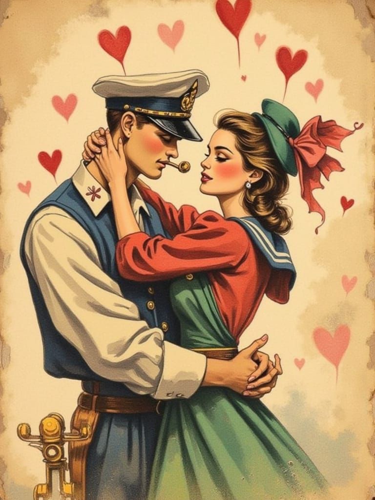 Popeye and Olive Oyl: Romantic Whimsical Embrace